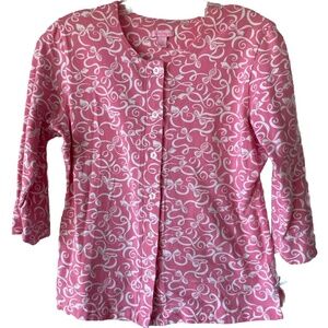 Lilly Pulitzer Pj Top S Pink White Bow Print Button 3/4 Sleeve Cotton